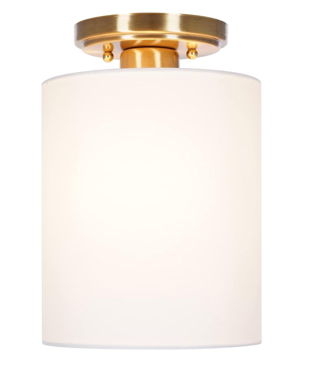 Catalina Lighting 7"W 1-Light Satin Brass Finish with White Linen Fabric Drum Shade Flush Mount Light Fixture