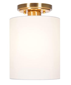 Catalina Lighting 7"W 1-Light Satin Brass Finish with White Linen Fabric Drum Shade Flush Mount Light Fixture