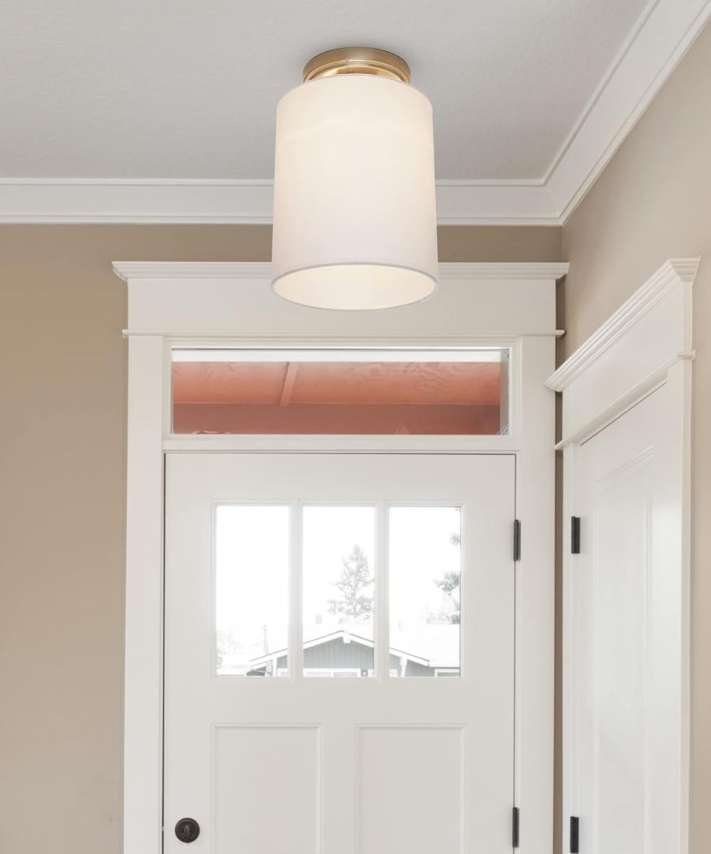 Catalina Lighting 7"W 1-Light Satin Brass Finish with White Linen Fabric Drum Shade Flush Mount Light Fixture