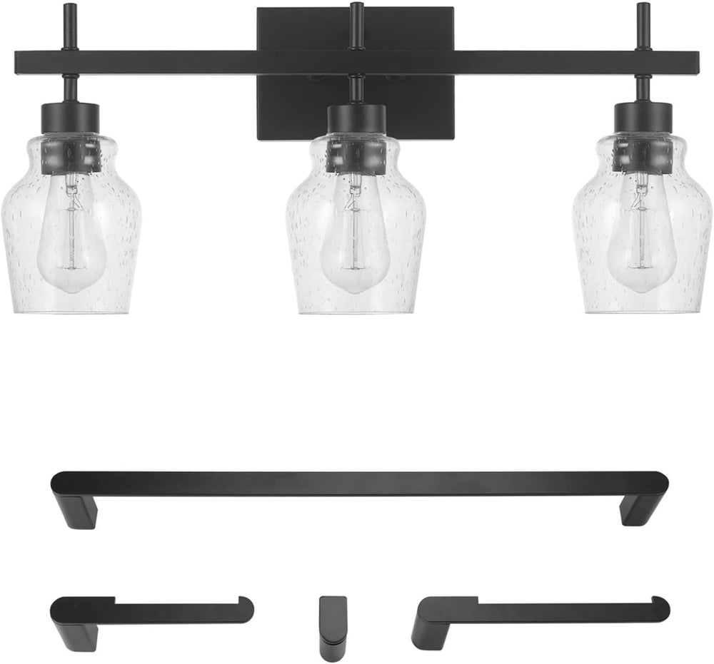 Bunbury 5-Piece All-in-One Bathroom Set, Matte Black, 3-Light Vanity Light with Seeded Glass Shades, Towel Bar, Towel Ring, Robe Hook, Toilet Paper Holder