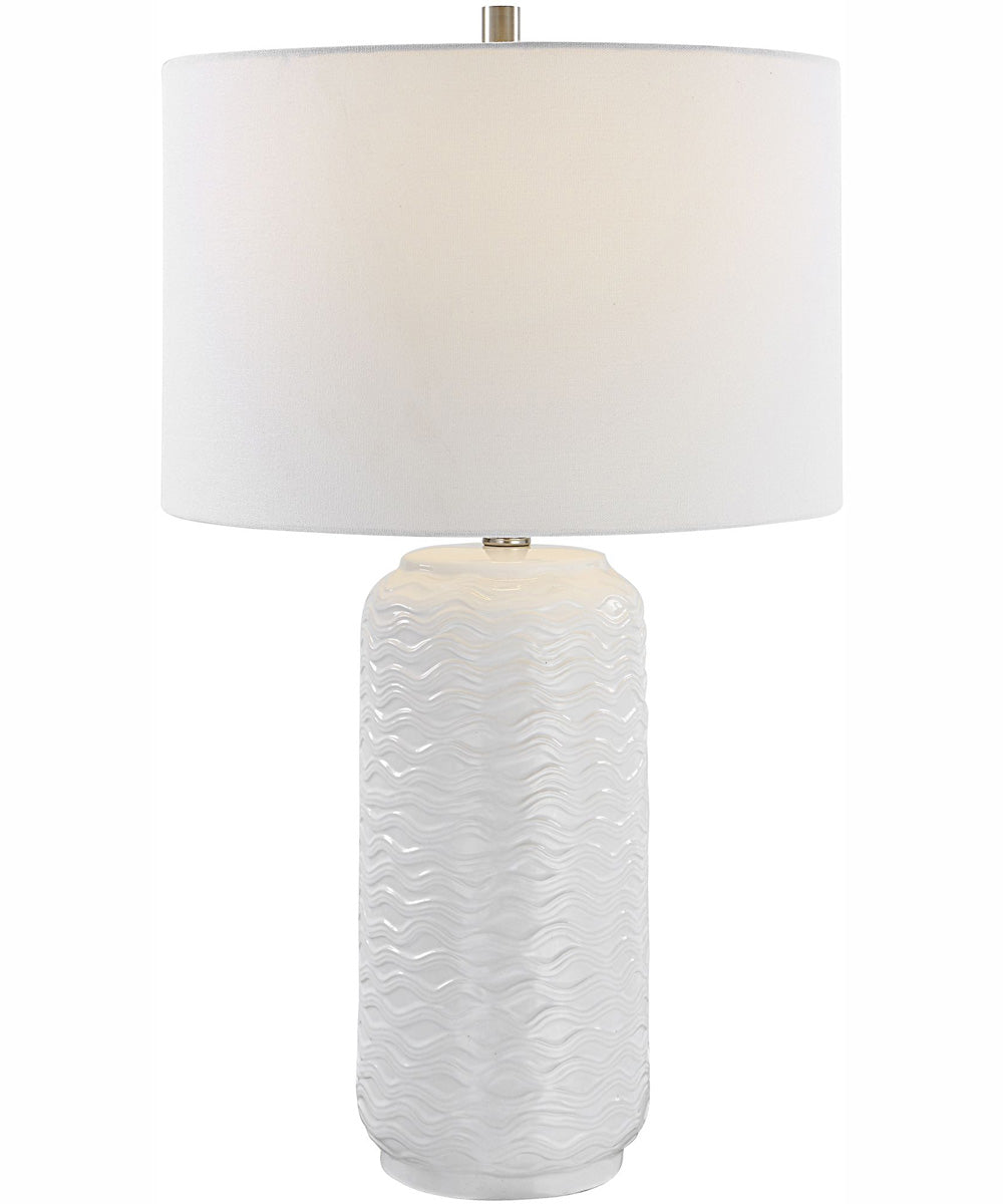 27"H 1-Light Table Lamp Ceramic in White and Brushed Nickel with a Round Shade