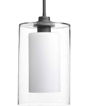 Double Glass 1-Light Etched White Inside/Seeded Glass Outside Glass Farmhouse Pendant Light Graphite