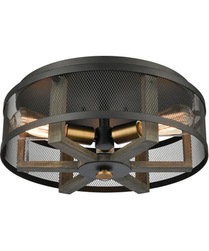 Woodbridge 3-Light Flush Mount Weathered Oak/Aged Brass/Matte Black Metal Mesh