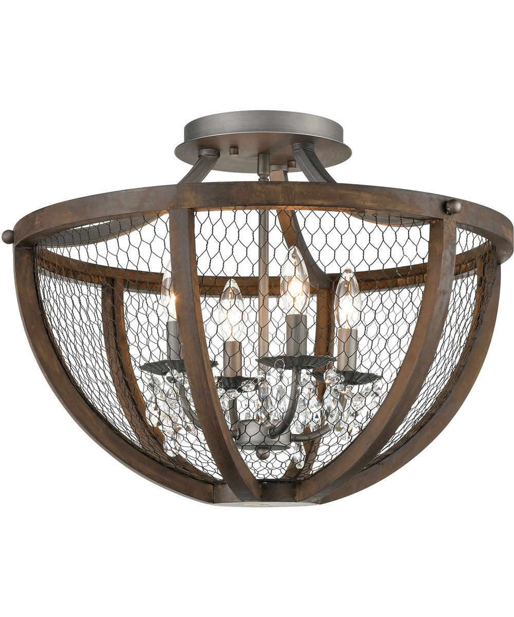 Renaissance Invention 4-Light Semi Flush Aged Wood/Wire - Round