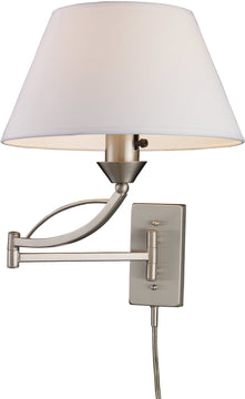 Elysburg 1-Light Plug In Swing Arm Wall Sconce Satin Nickel with White Shade, 12"W